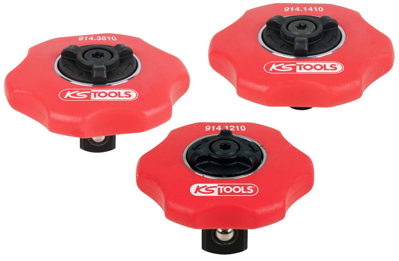 Drei rote Werkzeugkappen mit schwarzen Drehmechanismen und dem Logo 'KS Tools'. Modelle: 914.3810, 914.1410, 914.1210.