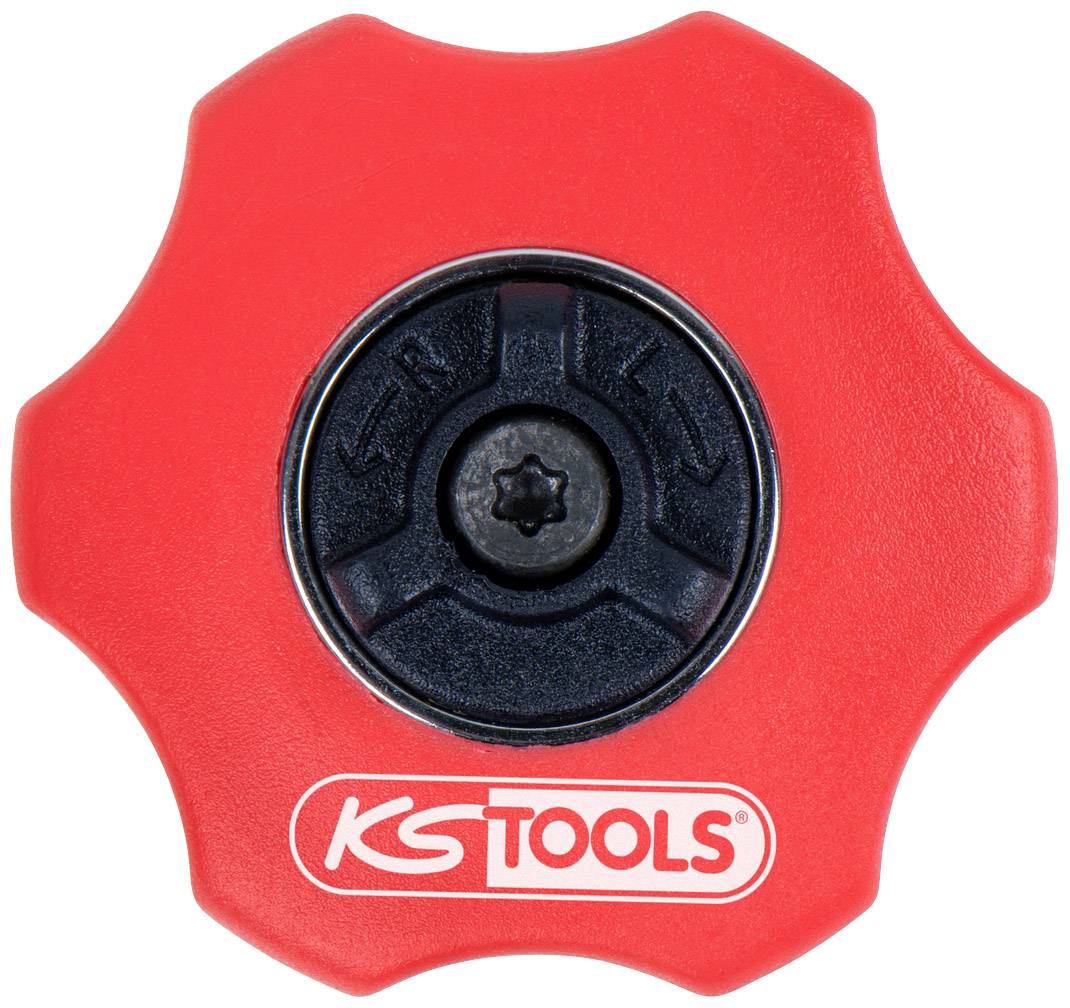 Roter Griff einer Werkzeugmarke, zentraler schwarzer Drehmechanismus, mit 'KS TOOLS' Logo.
