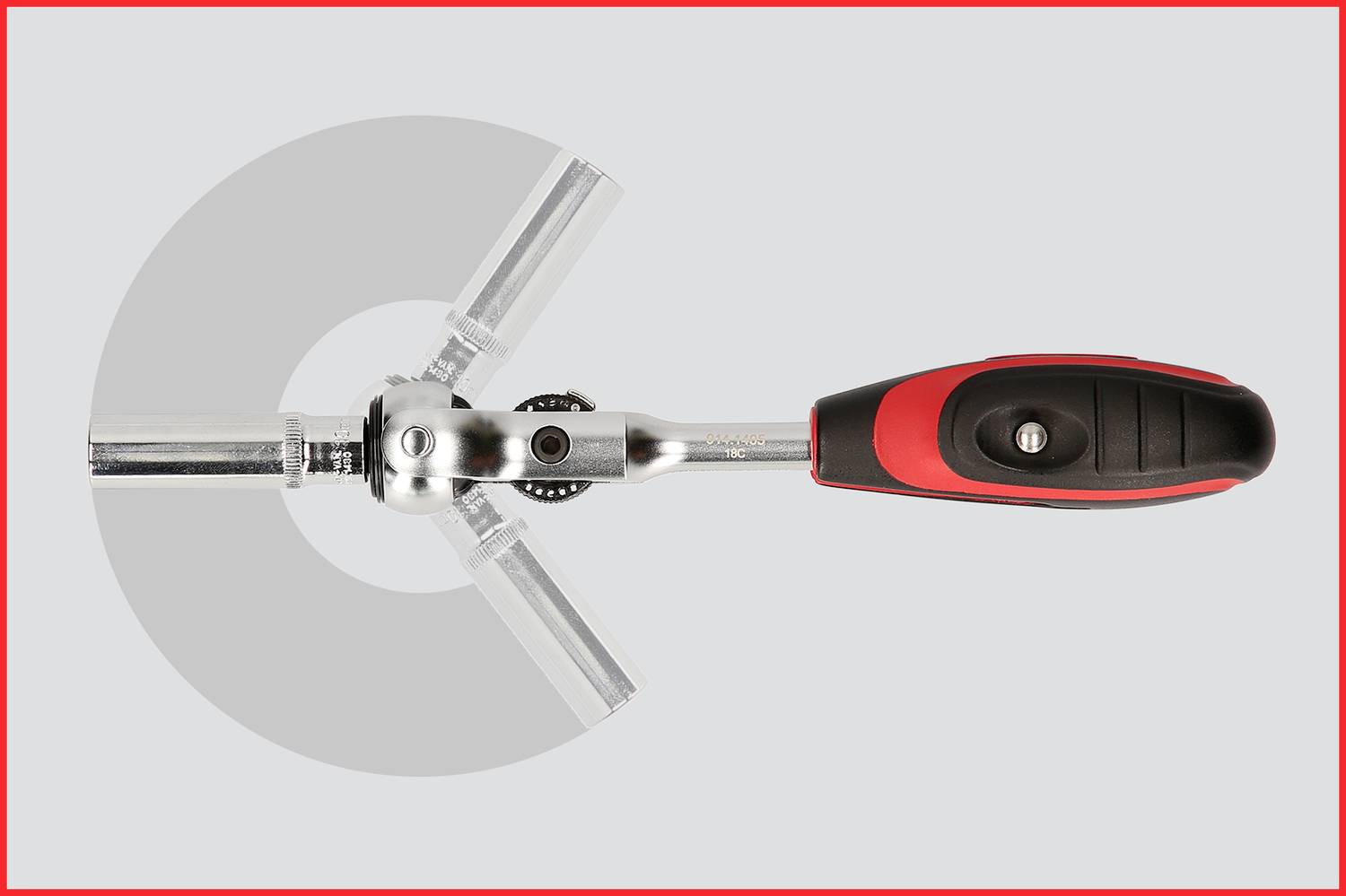 Ein Hebelwerkzeug mit einem roten und schwarzen Griff auf grauem Hintergrund, dargestellt in einer Draufsicht.