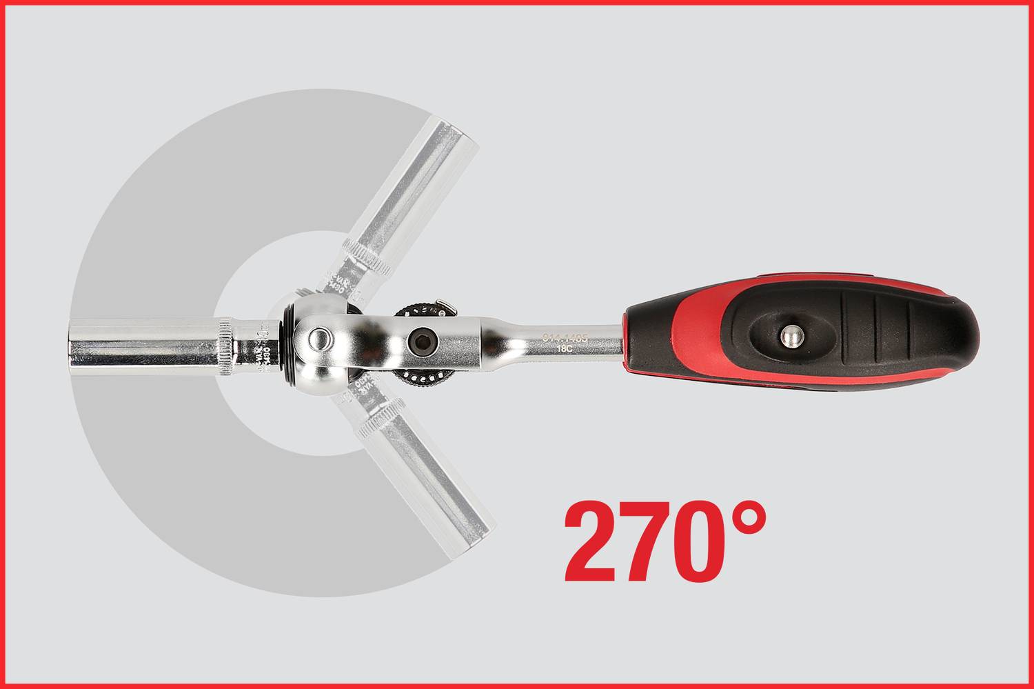 Ratsche mit ergonomischem Griff, zeigt die Bewegungsfreiheit von 270 Grad.