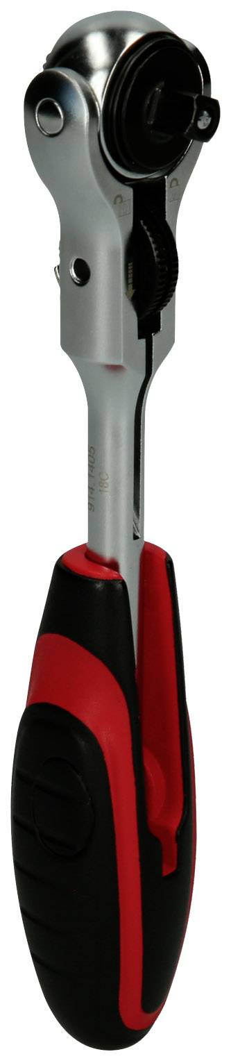 Eine Ratsche mit ergonomischem Griff, hauptsächlich in Silber und Rot, dient zum Anziehen und Lösen von Schrauben und Muttern.
