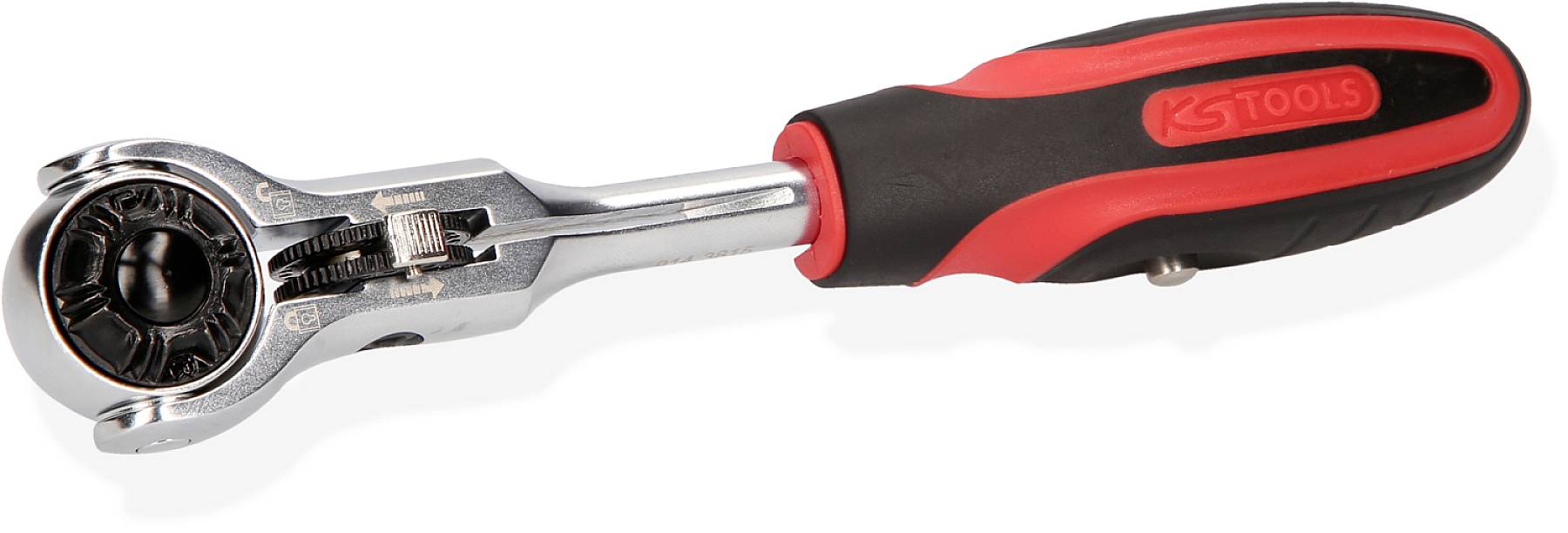 Ratsche mit schwarzem und rotem Griff, Stahlkopf mit integriertem Mechanismus, zum Anziehen oder Lösen von Schrauben und Muttern.