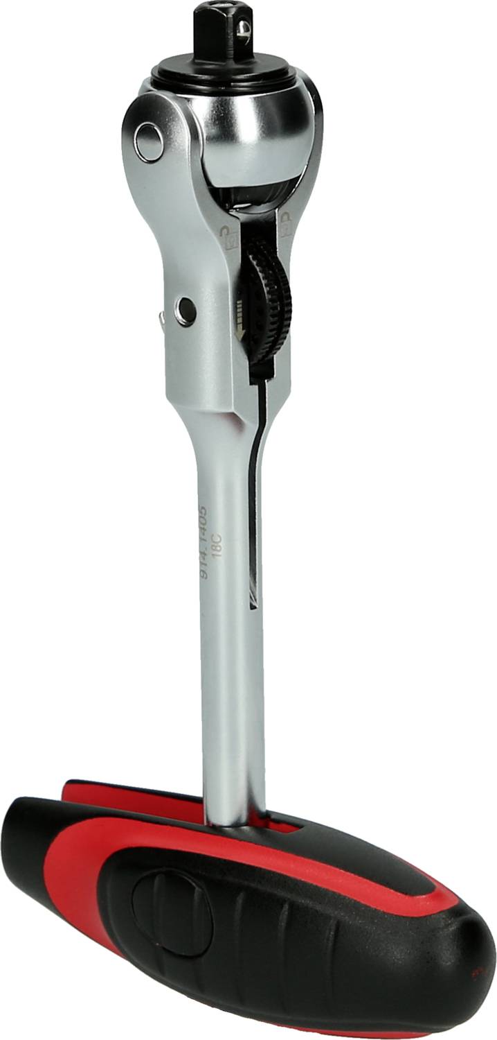 Ratsche mit ergonomischem Griff in Schwarz und Rot, zeigt die Zahnmechanik und Anwendungswinkel. Werkzeug für Schraubarbeiten.