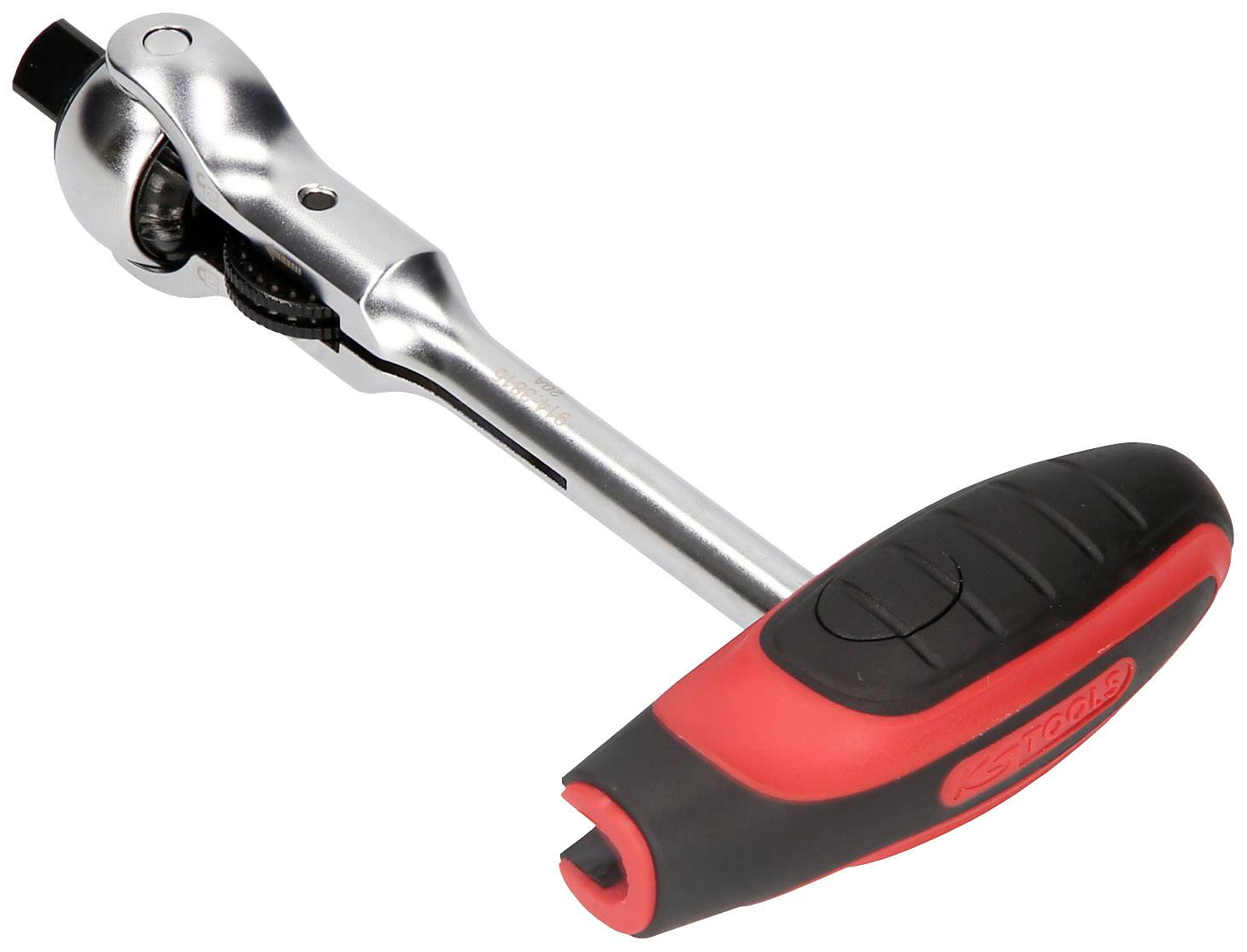 Ein silberner Drehmomentschlüssel mit rotem und schwarzem Griff, geeignet zum Festziehen oder Lösen von Schrauben in Mechanikarbeiten.