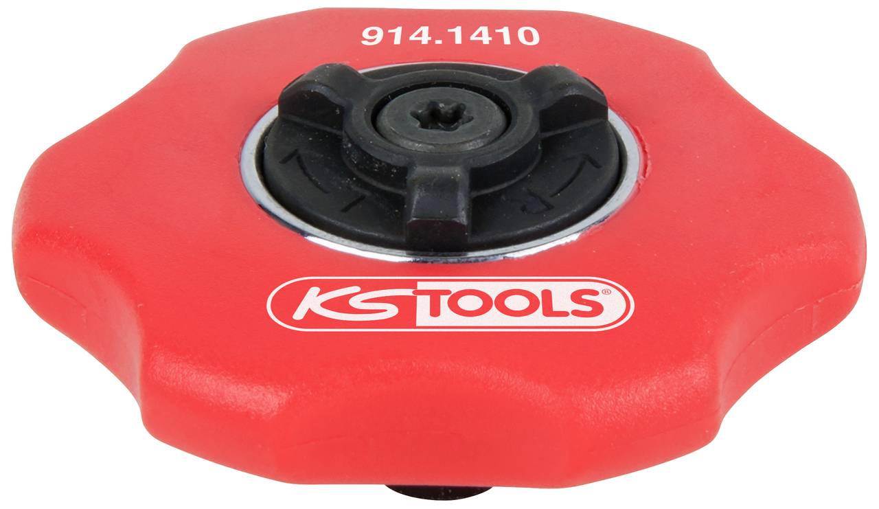 Roter, runder Griff mit schwarzer Schraube in der Mitte. Aufdruck 'KS Tools' und '914.1410'.