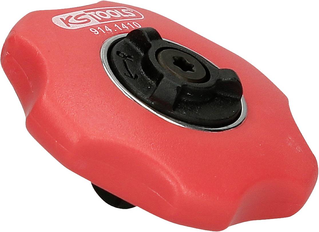 Roter Drehknopf mit schwarzen Details, verwendet für die Einstellung oder Befestigung an einem Werkzeug.