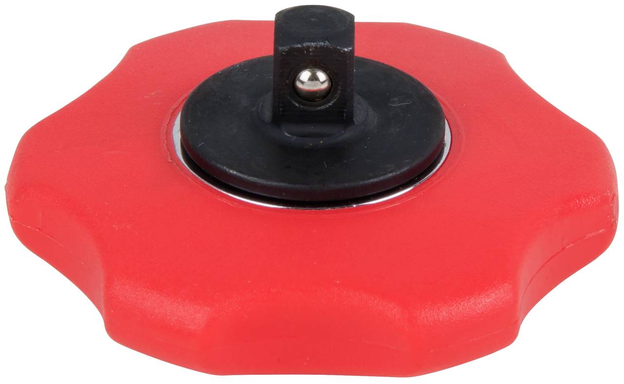 Roter, runder Plastikknauf mit schwarzem Metallteil in der Mitte. Verwendet zur Befestigung oder als Griff, ähnlich wie ein Schraubverschluss.