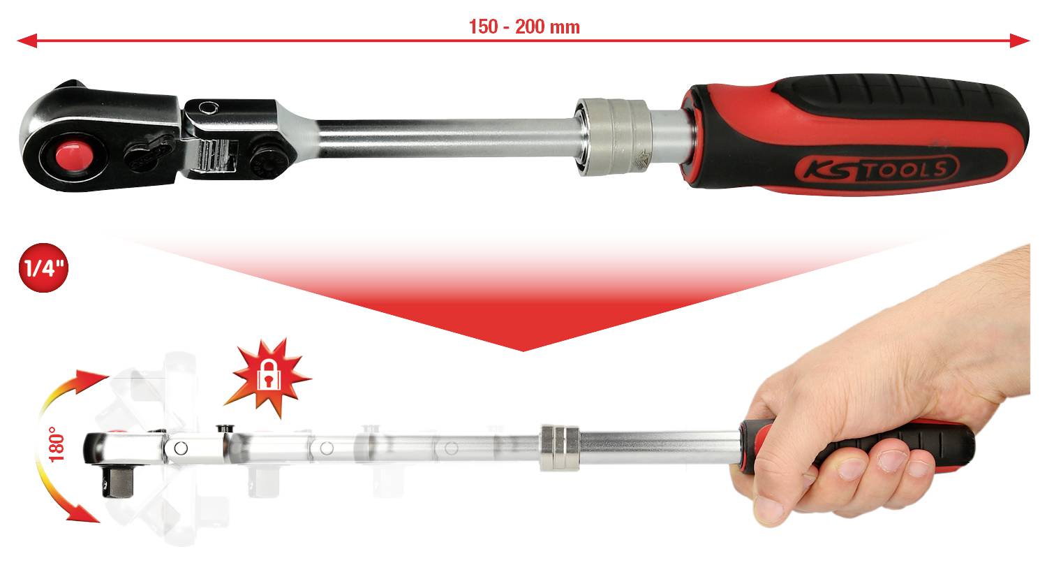 'Ratschenschlüssel mit verstellbarem Griff, 150-200 mm. Anzeige der 1/4
