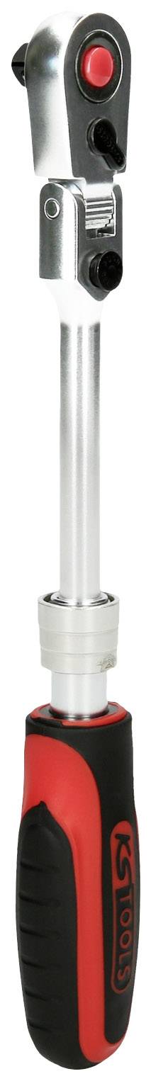 Ratschenschlüssel mit schwarzem und rotem Griff, silbernem, verstellbarem Kopf und Drehmechanismus. Ideal für präzise Arbeiten.
