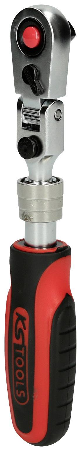 Ratschenschlüssel mit rotem und schwarzem Griff, verstellbarem Kopf und schwarzen Knöpfen, geeignet für verschiedene Schraubverbindungen.