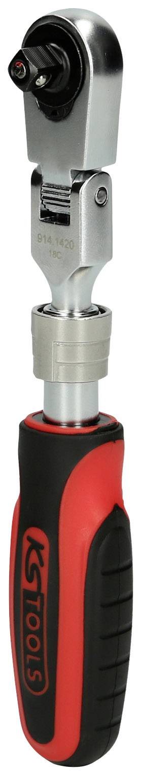 Ein kompakter Drehmomentschlüssel mit ergonomischem, rot-schwarzem Griff. Geeignet für präzises Anziehen von Schrauben und Muttern.