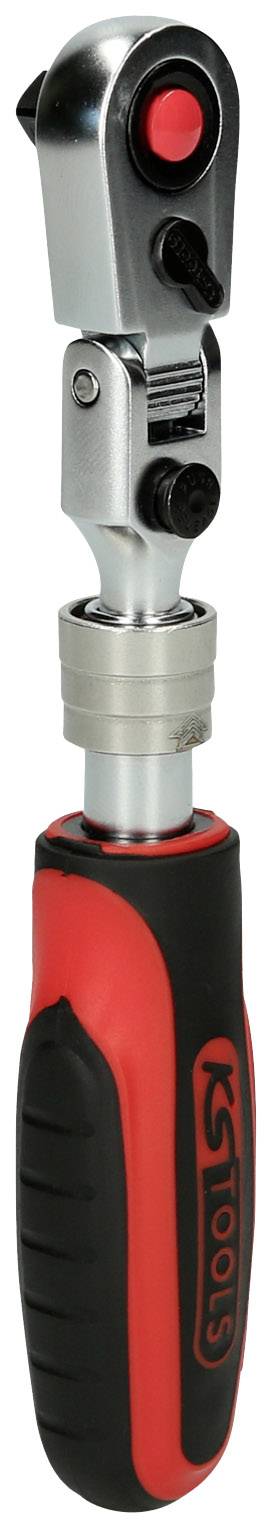 Ein verstellbarer Ratschen-Schraubendreher mit ergonomischem, rot-schwarzem Griff, geeignet für vielseitige Anwendungen.