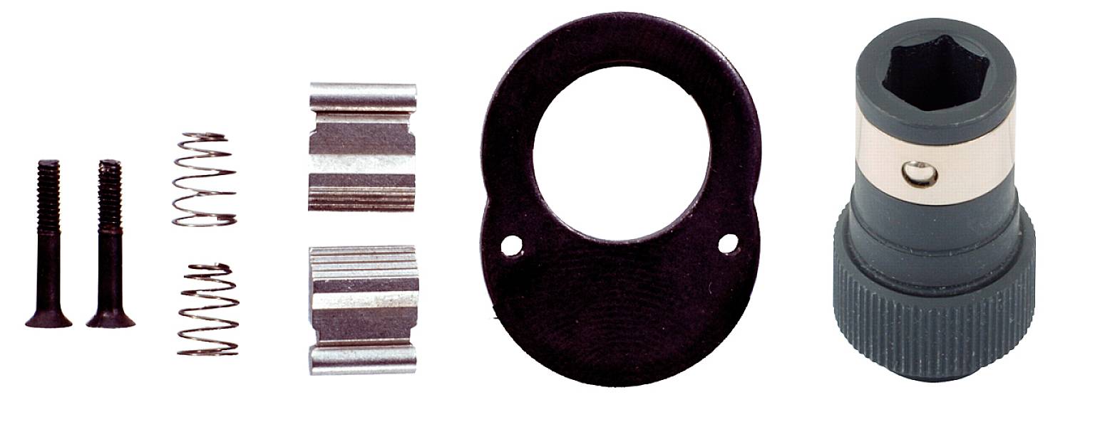 Einzelteile eines Werkzeugs: zwei Schrauben, zwei Federn, zwei Metallklammern, eine schwarze Halterung und ein blauer Adapter.