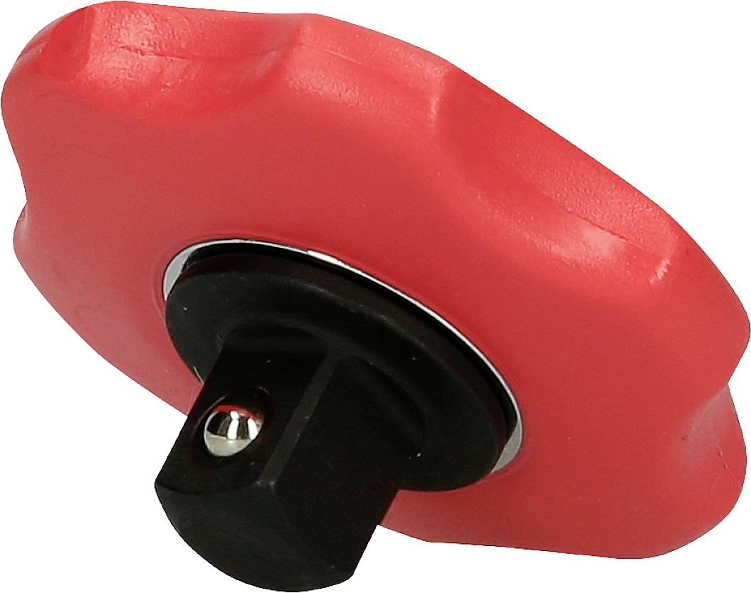 Roter, sternförmiger Knopf mit schwarzem Sockel. Möglicherweise ein Griff oder eine Drehverbindung.