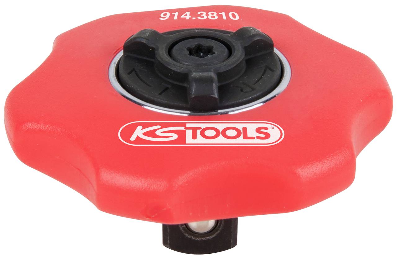 Ein rotes KS Tools Ölfilter-Wechselwerkzeug mit Griffmulden und schwarzem Befestigungsmechanismus in der Mitte, Teilenummer '914.3810'.