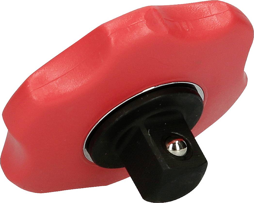 Roter Kunststoffdrehknopf mit schwarzer Basis, oft zur manuellen Verstellung an Maschinen verwendet.