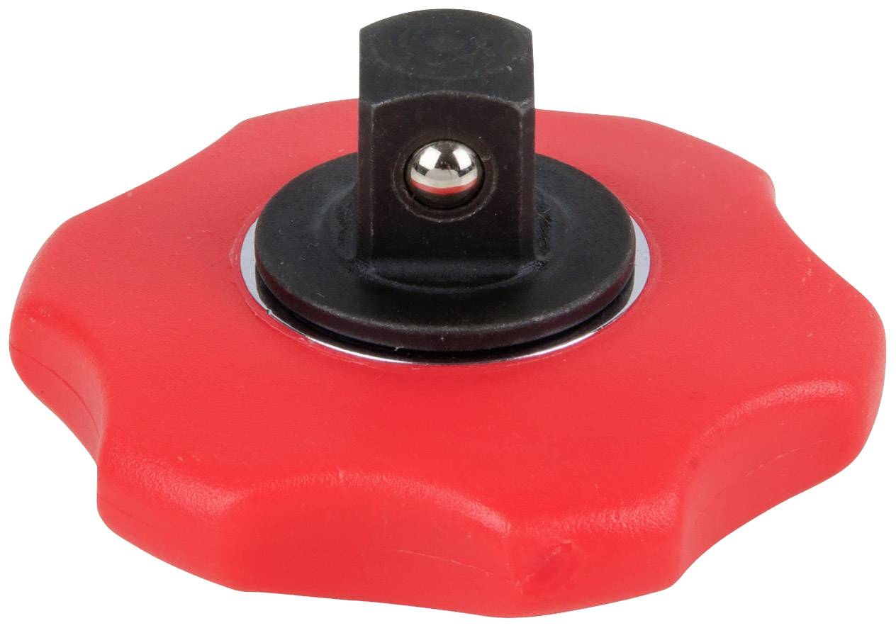 Rotes, plastikbeschichtetes, sternförmiges Handrad mit schwarzer Metallkupplung in der Mitte, häufig in Maschinenbauanwendungen verwendet.