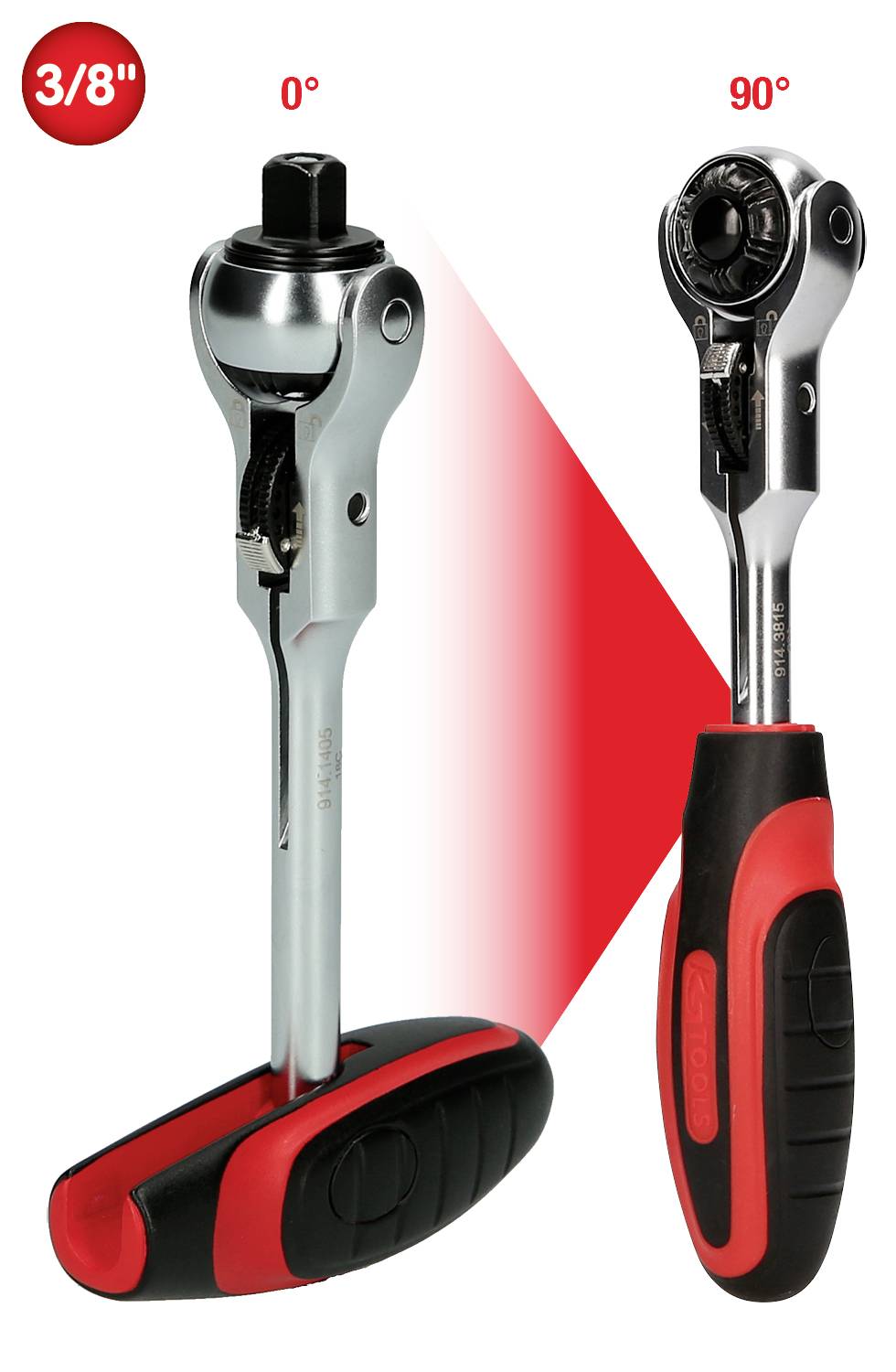 Drehbarer Ratschen-Schlüssel mit 3/8-Zoll-Antrieb. Zeigt die Flexibilität des Kopfes mit 0° und 90° Positionen. Rotes und schwarzes Design.