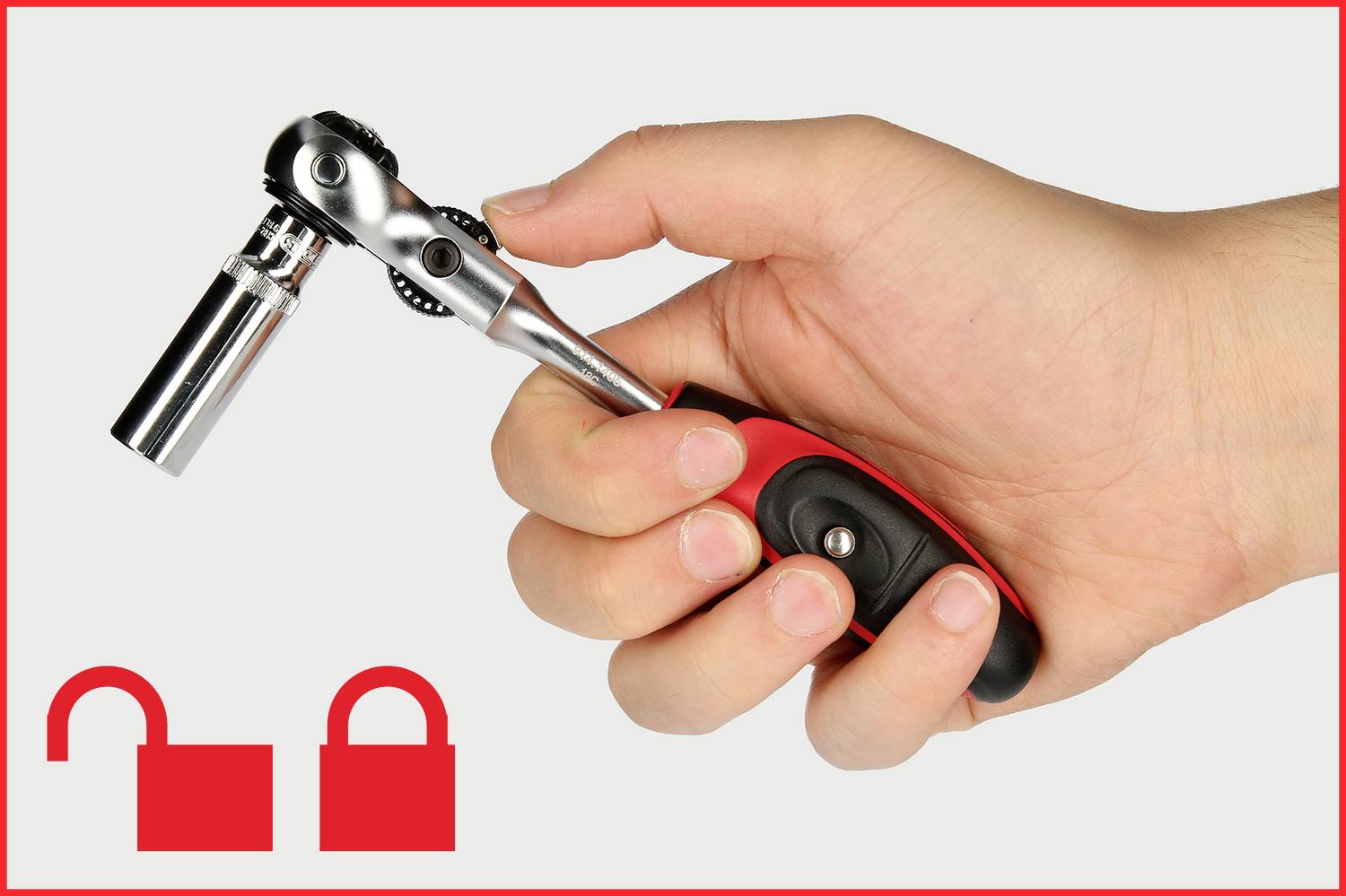 Ein Schraubenschlüssel wird in einer Hand gehalten, darunter zwei Symbole eines offenen und eines geschlossenen Vorhängeschlosses.