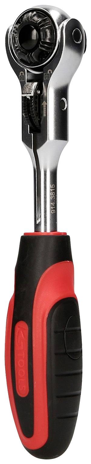 Eine orange-schwarze Ratsche mit einem ergonomischen Griff und verstellbarem Kopf, geeignet für verschiedene Schraubarbeiten.