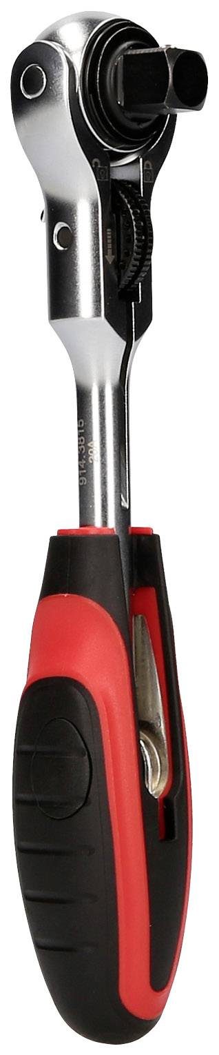 Eine Umschaltknarre mit einem rot-schwarzen Griff. Sie dient zum Ein- und Ausdrehen von Schrauben durch Drehen des Griffs.