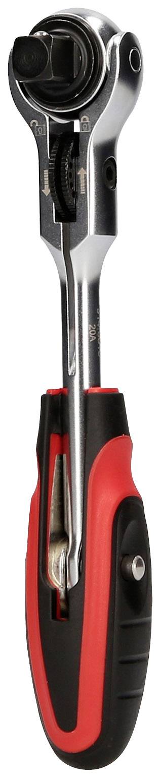 Eine Ratsche mit schwarzem und rotem Griff, geeignet für verschiedene Werkzeugeinsätze. Sie hat einen drehbaren Kopf zur einfachen Bedienung.