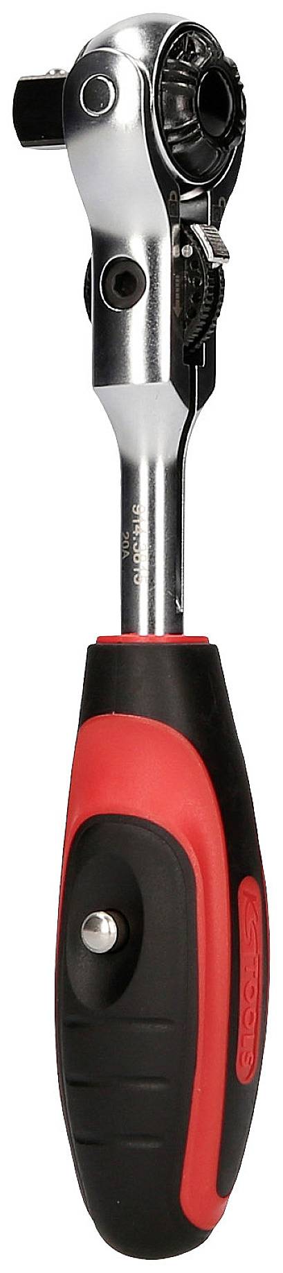 Ratsche mit rotem und schwarzem Griff, aus Metall und Kunststoff. Verwendet, um Schraubenschlüsselaufsätze zu bedienen.