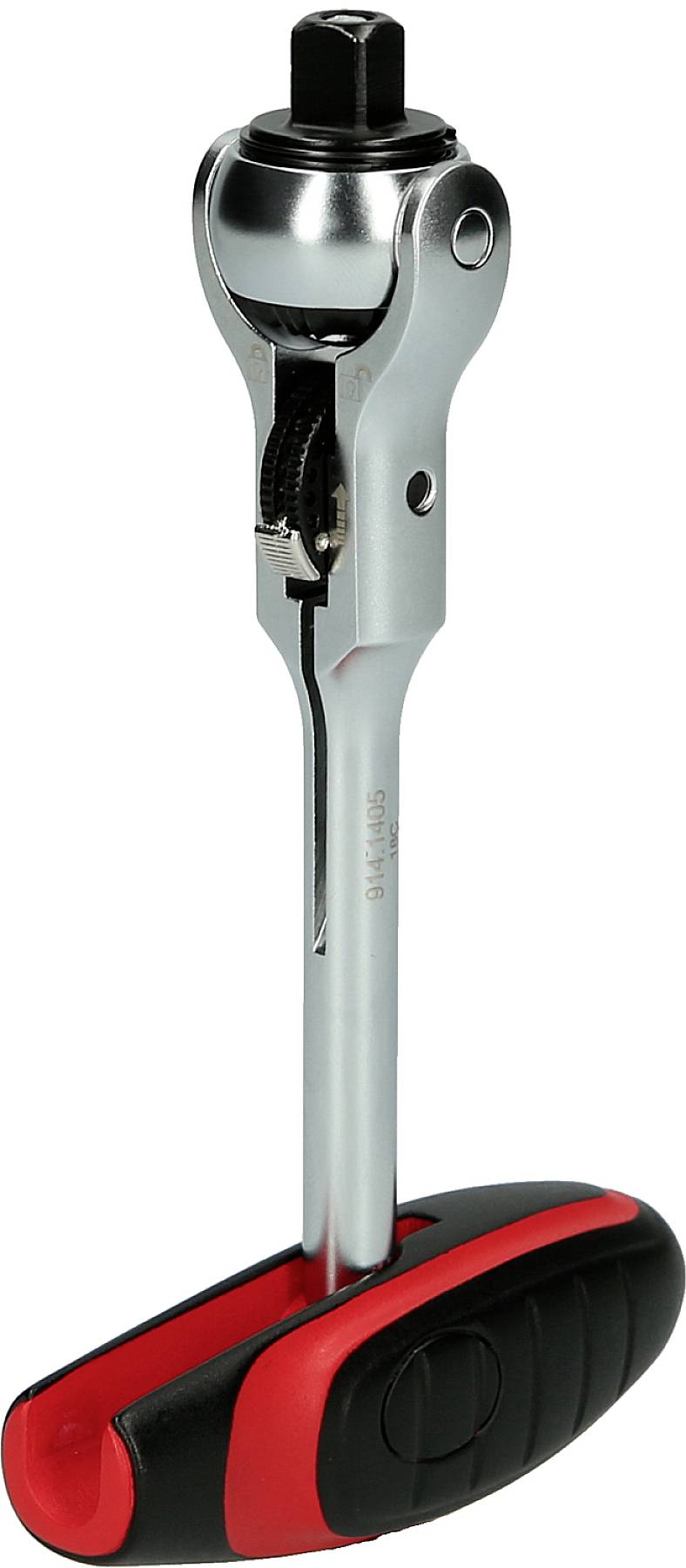 Ein silberner und schwarzer Ratschen-Schraubenschlüssel mit rotem Griff, geeignet für mechanische Arbeiten und Heimwerkerprojekte.