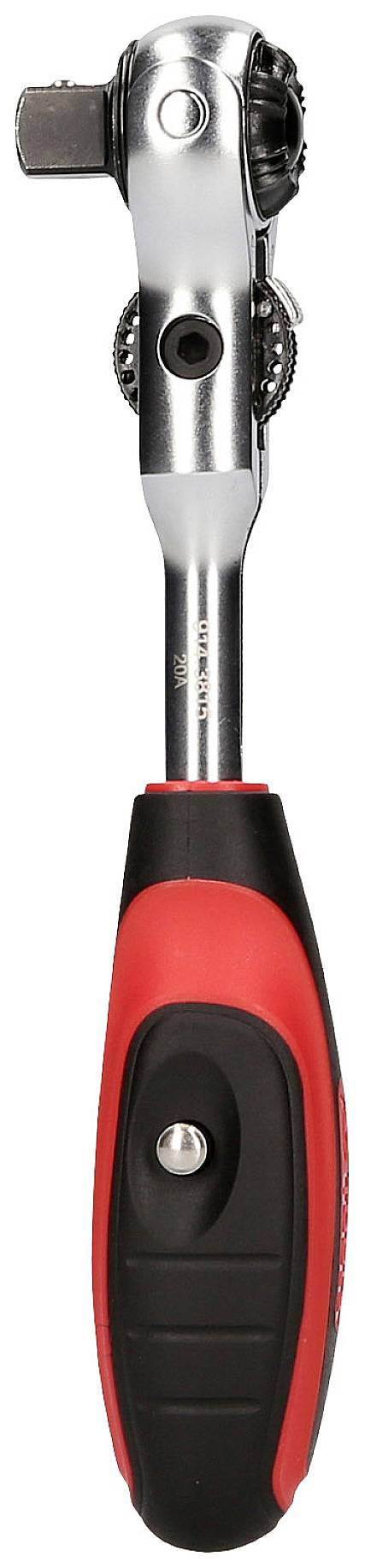 Ein verstellbarer Steckschlüsselschlüssel mit rotem und schwarzem ergonomischem Griff und silbernem Kopf, geeignet für Heimwerkerarbeiten.