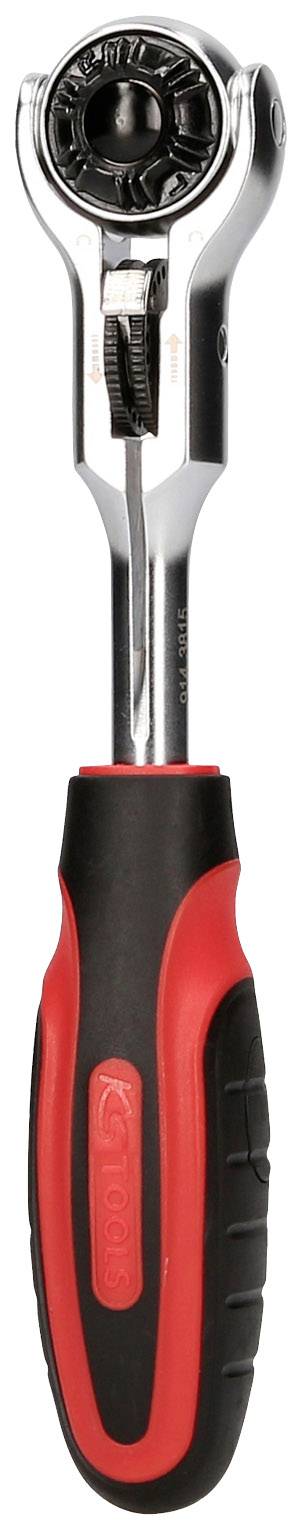 Ein Schraubenschlüssel mit rotem und schwarzem Griff, geeignet für verschiedene Schraubengrößen.