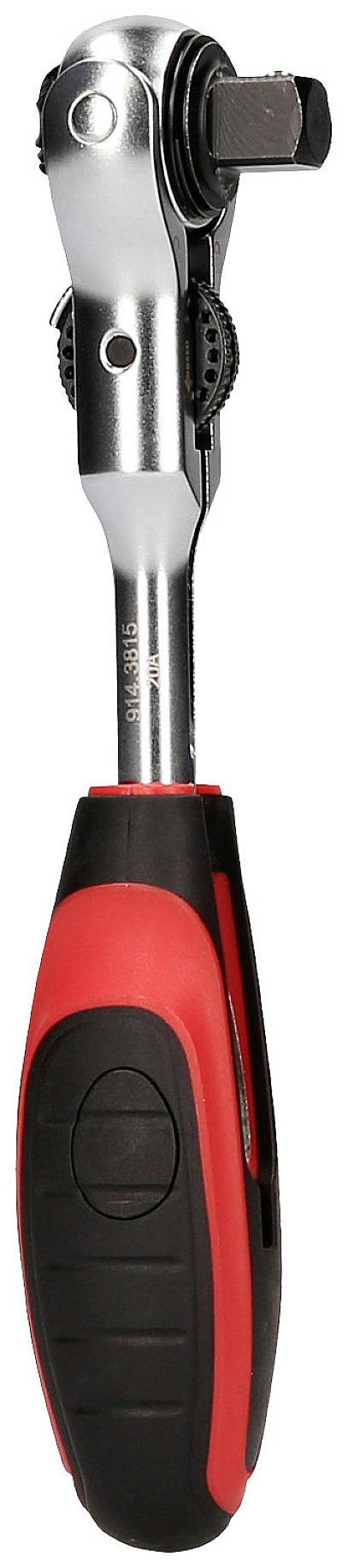 Silberner Steckschlüssel mit schwarzem und rotem Griff, genutzt zum Festziehen oder Lösen von Schrauben und Muttern.