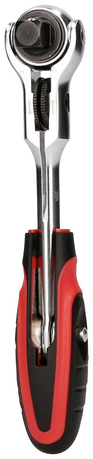 Ratsche mit ergonomischem Griff und umkehrbarer Mechanik, hauptsächlich in Rot und Schwarz gehalten. Geeignet zum Anziehen oder Lösen von Schrauben.