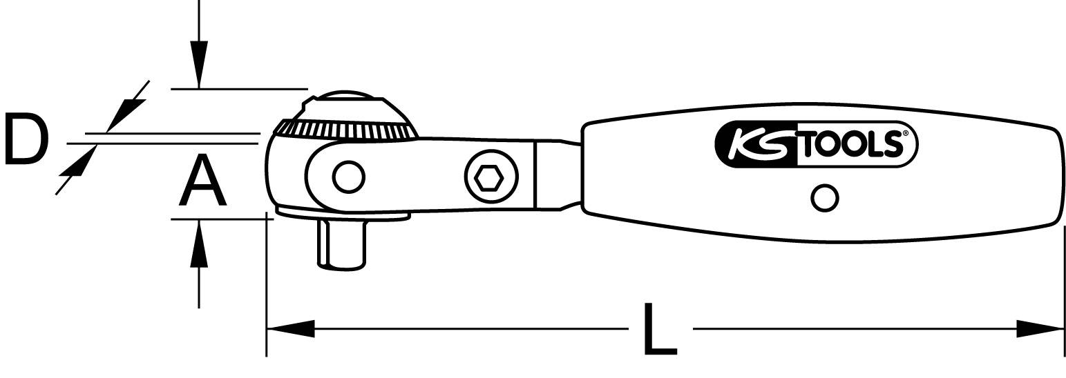 Illustration eines Drehknarrenschlüssels mit Längenangabe 'L', Zahnteil 'A', und Tiefe 'D'. Markierung zeigt 'KS Tools' Logo.