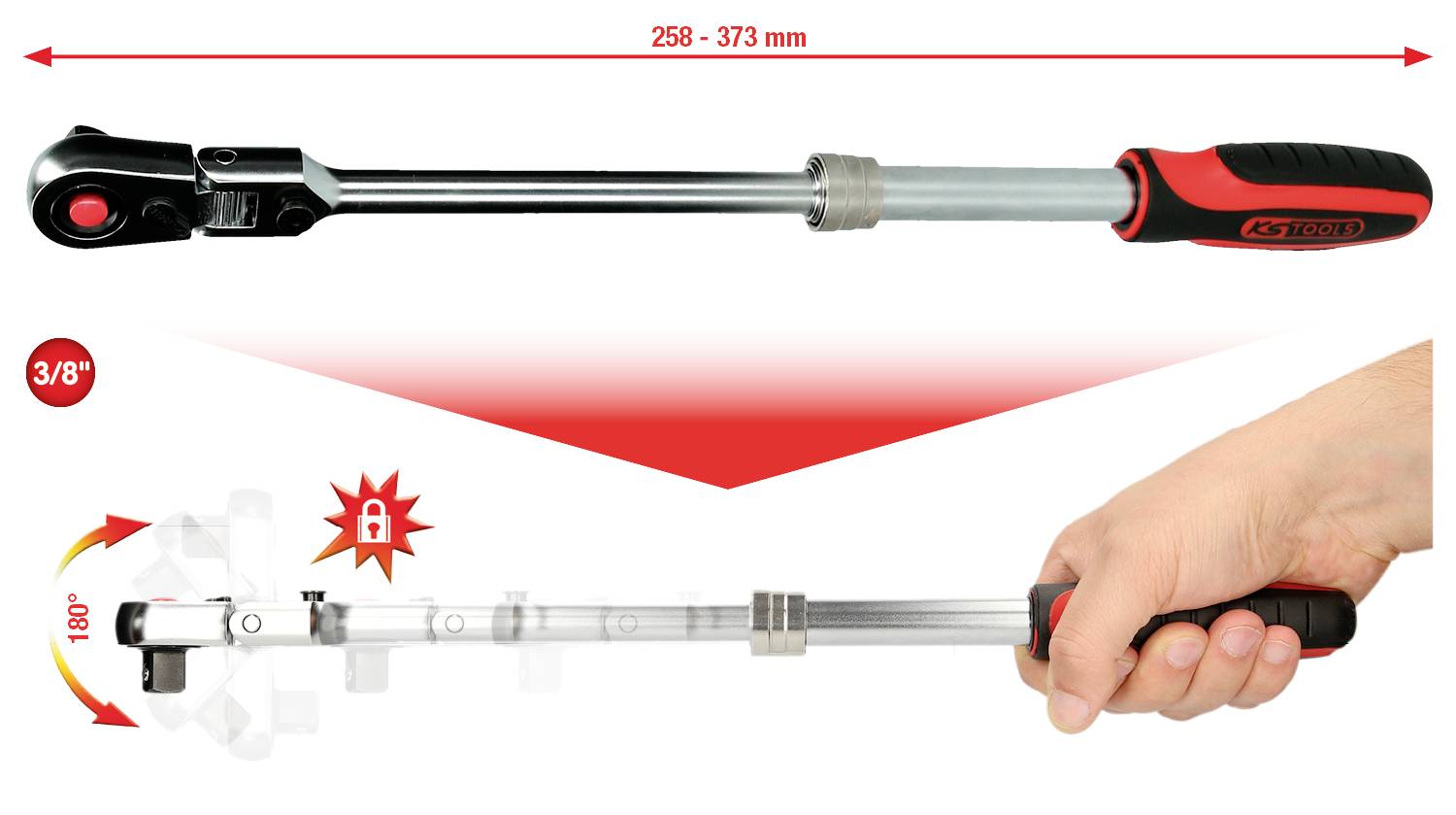 'Drehmomentschlüssel mit verlängerbarem Arm von 258 mm bis 373 mm; Skala zeigt 3/8