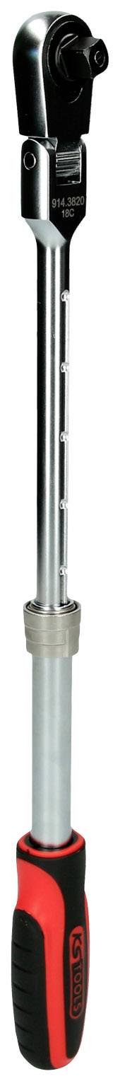 Drehmomentschlüssel mit schwarzem Kopf und rotem Griff, verwendet zur präzisen Einstellung und Kontrolle von Anzugsmomenten bei Schrauben.