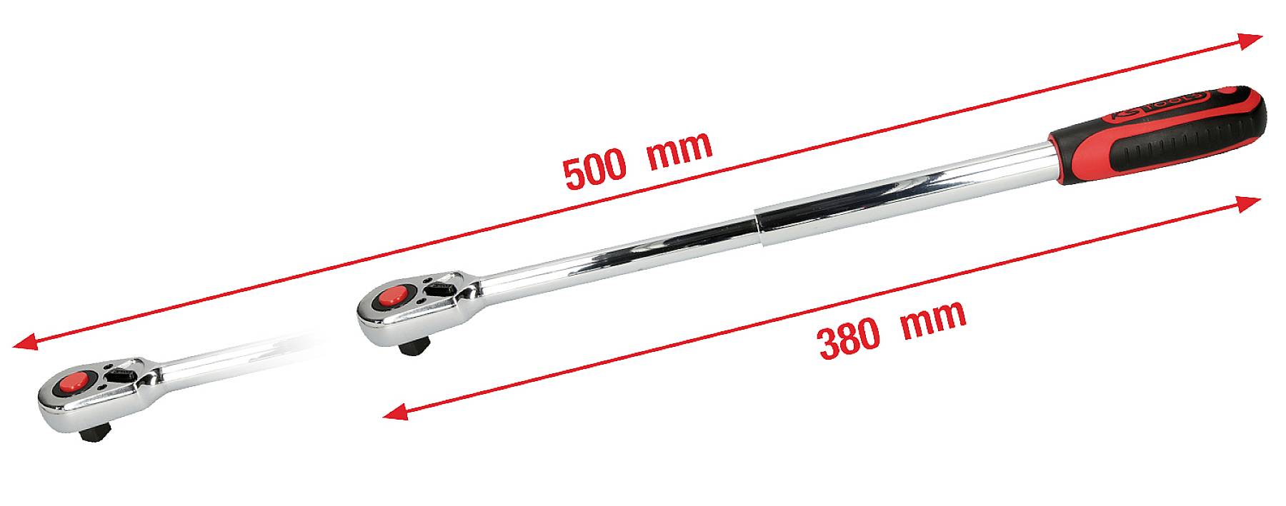 Teleskopratsche mit zwei Längenoptionen: 380 mm und 500 mm. Silber mit schwarzem und rotem Griff.