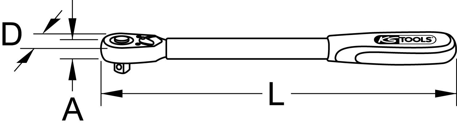 Eine Zeichnung eines Werkzeugs mit dem Label 'KS TOOLS'. Es zeigt eine Ratsche mit hervorhobenen Maßen: Länge (L) und Durchmesser (D).