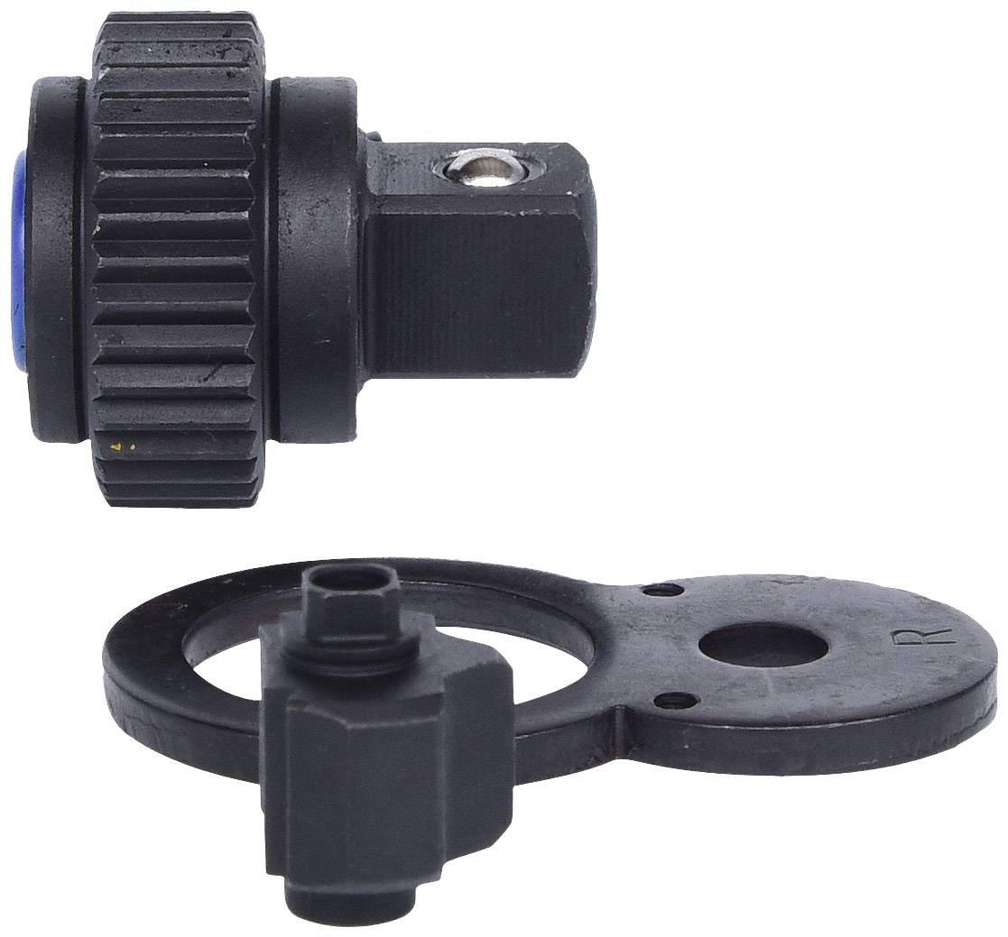 Zwei schwarze mechanische Teile. Das obere Teil hat ein geriffeltes Rad, das untere ist flach mit einer Halterung.