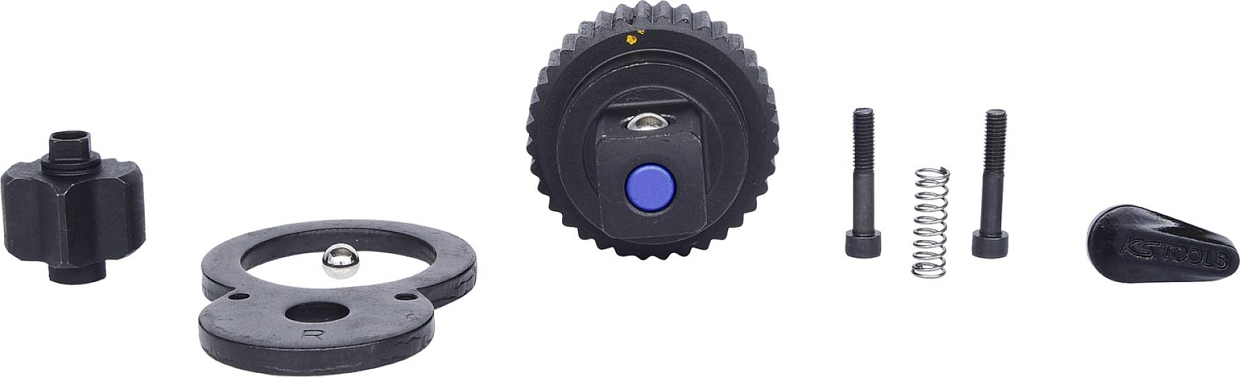 Mehrere Fahrradkomponenten, darunter ein Adapter, eine Schraube mit Feder, ein blau-markierter Drehknauf und weiteres Zubehör.