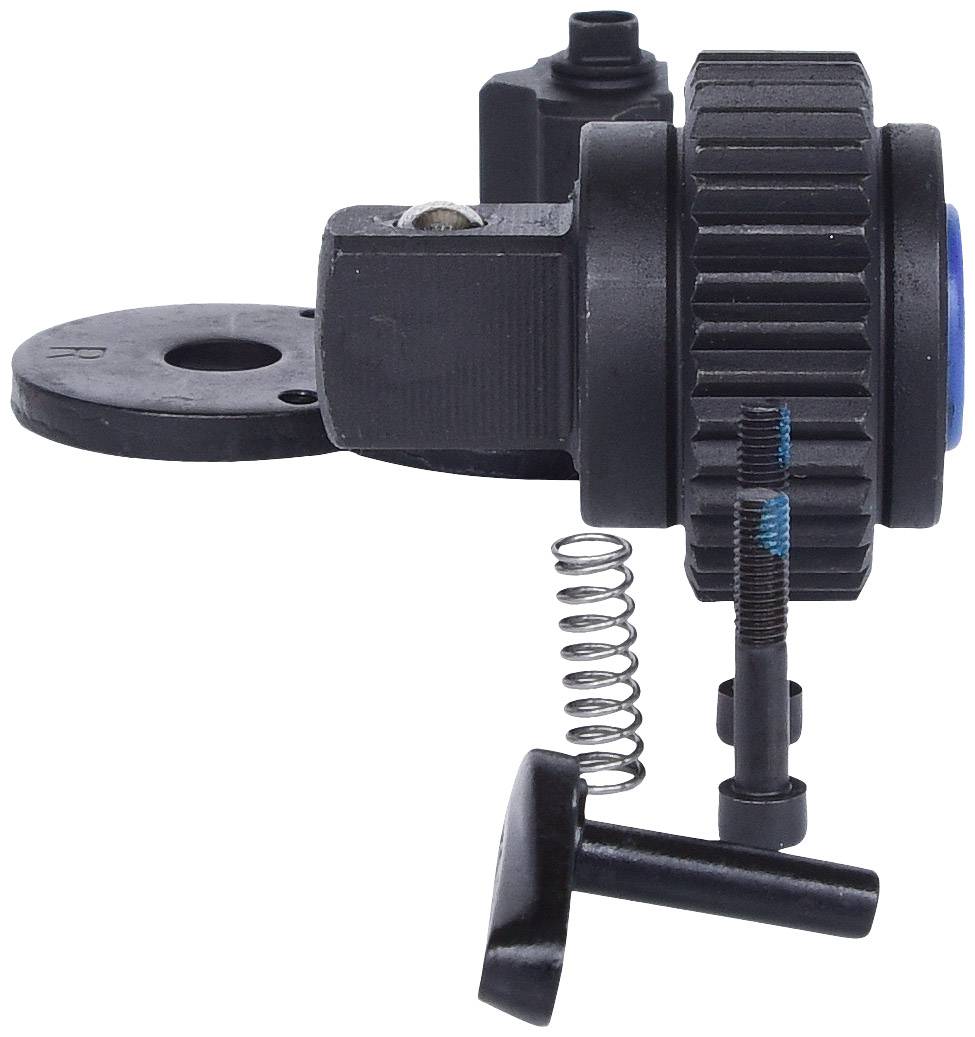 Ein schwarzes mechanisches Bauteil mit Rädern, Federn und Schrauben, vermutlich Teil einer größeren Maschine oder eines Geräts.