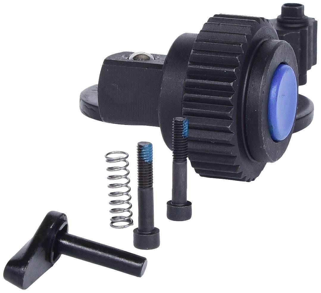 Schwarzes und blaues mechanisches Fahrradteil mit Schrauben, Feder und Kabelhalter, höchstwahrscheinlich zur Montage oder Einstellung von Komponenten.