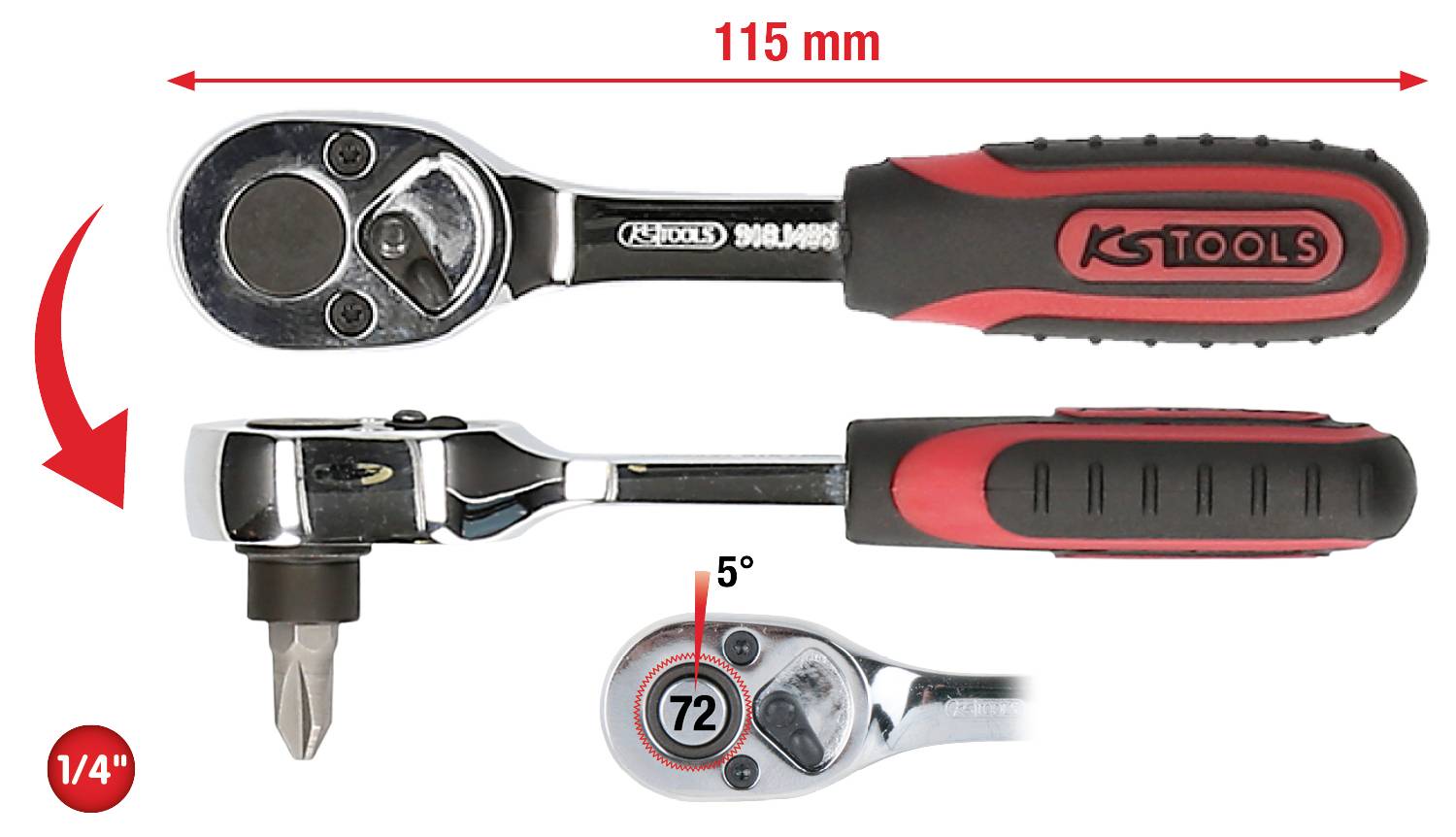 'Ratsche mit 115 mm Länge und 72 Zähnen, rote und schwarze Griffe. Enthält 1/4