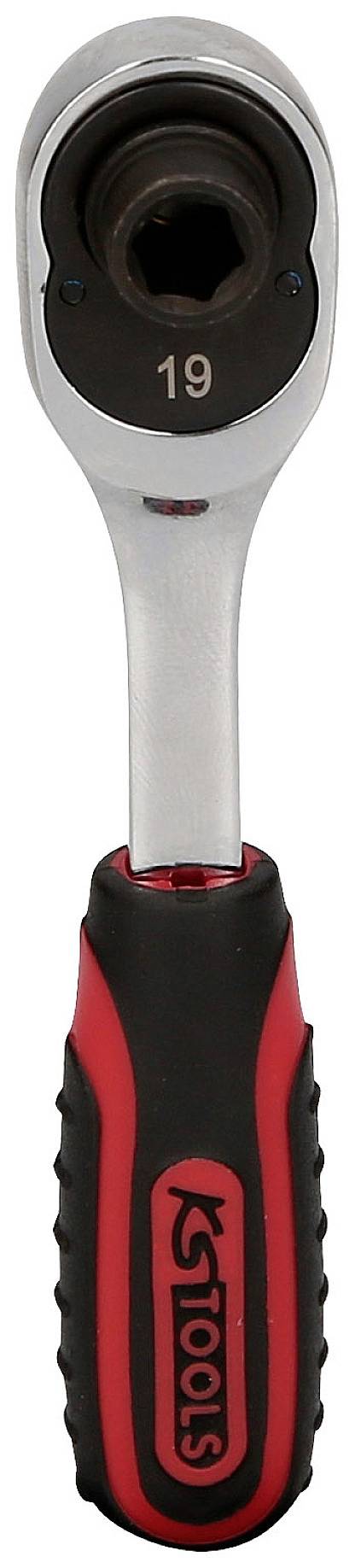 Eine verstellbare Ratsche mit rotem und schwarzem ergonomischem Griff. Der Kopf hat eine Schraubenaufnahme mit der Größe '19'.