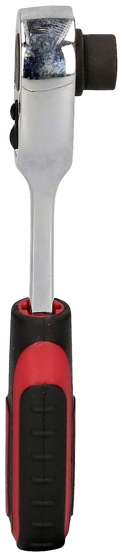Eine silberne Ratsche mit schwarzem und rotem Griff, seitlich dargestellt. Ein Werkzeug zum Anziehen von Schraubenmuttern.