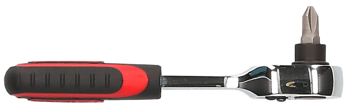 Ratschenschraubenzieher mit rot-schwarzem Griff, rechts ein Kreuzschlitz-Bit eingespannt.