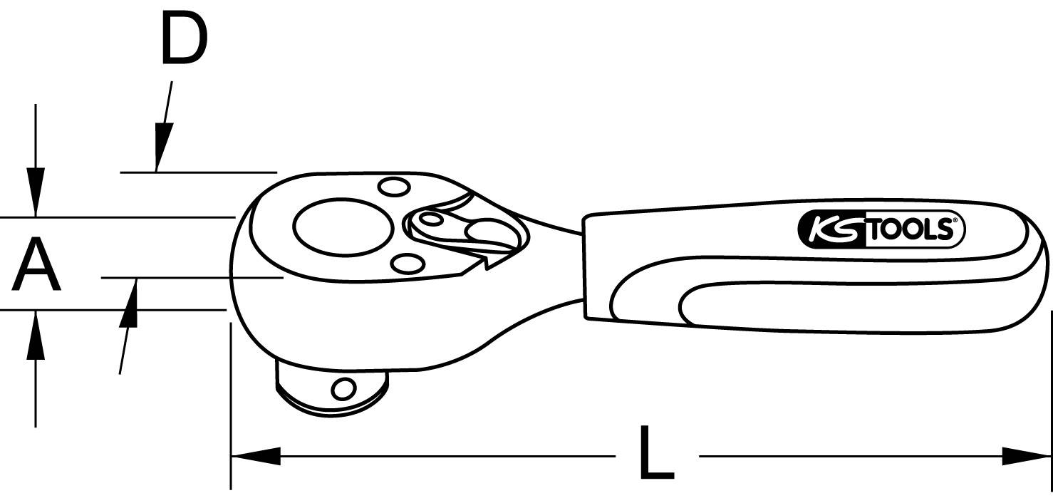 Abbildung eines Ratschenwerkzeugs mit markierten Maßen: Länge (L), Breite (A), und Tiefe (D). Markenname 'KS Tools' auf dem Griff.