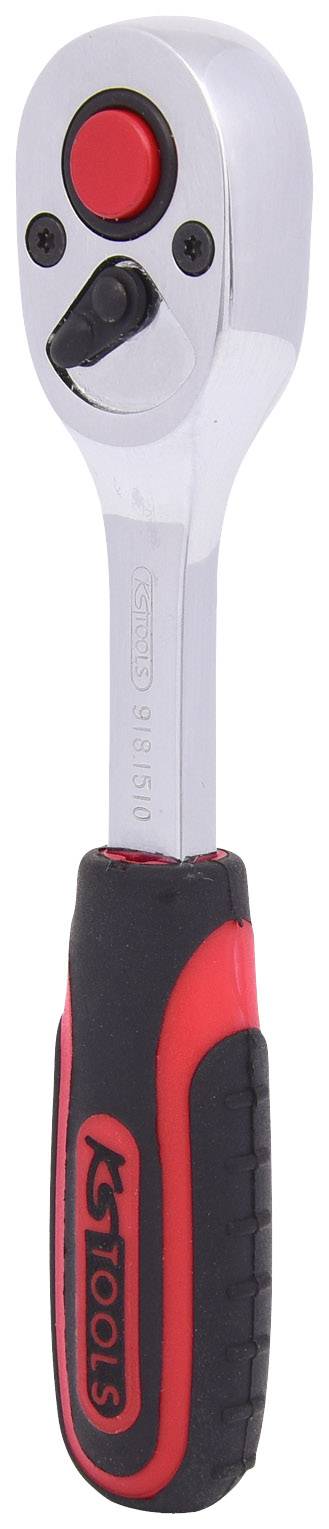 Handratsche mit rotem und schwarzem Griff, silbernem Kopf und Druckknopf für Richtungswechsel, geeignet für mechanische Arbeiten.