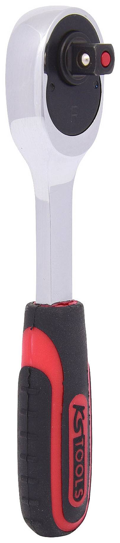 Ratsche mit ergonomischem Griff, silber und schwarz-rot, geeignet für verschiedene Stecknüsse und Schraubenarbeiten.