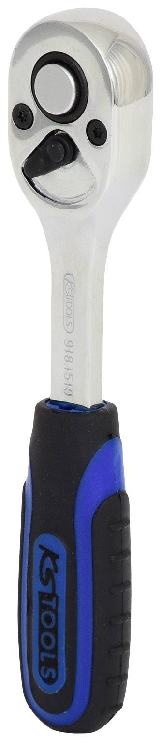 Ratsche mit blau-schwarzem Griff, aus Metall und Kunststoff, für mechanische Arbeiten.