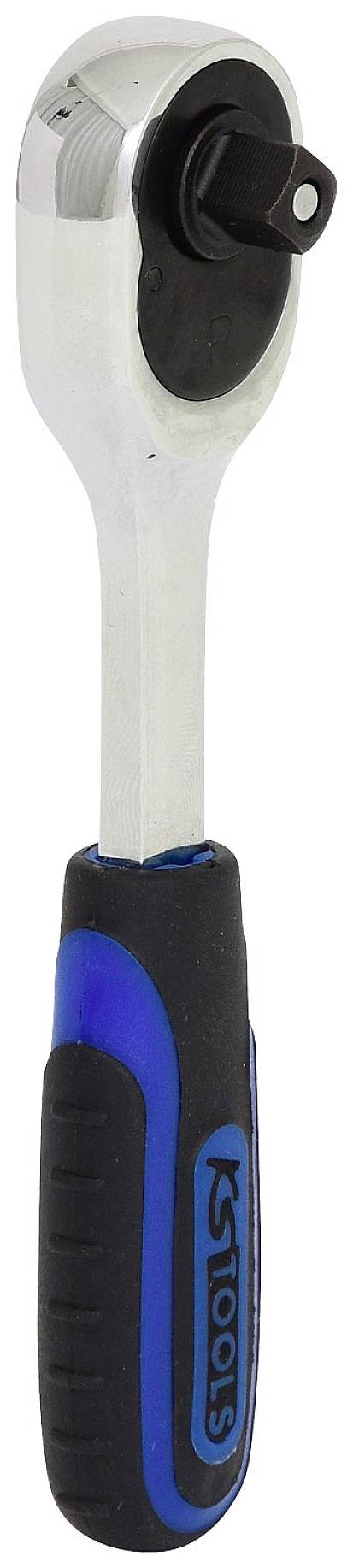 Eine silberne und blaue Ratsche mit schwarzem Griff, geeignet zum Anziehen oder Lösen von Schrauben und Muttern.